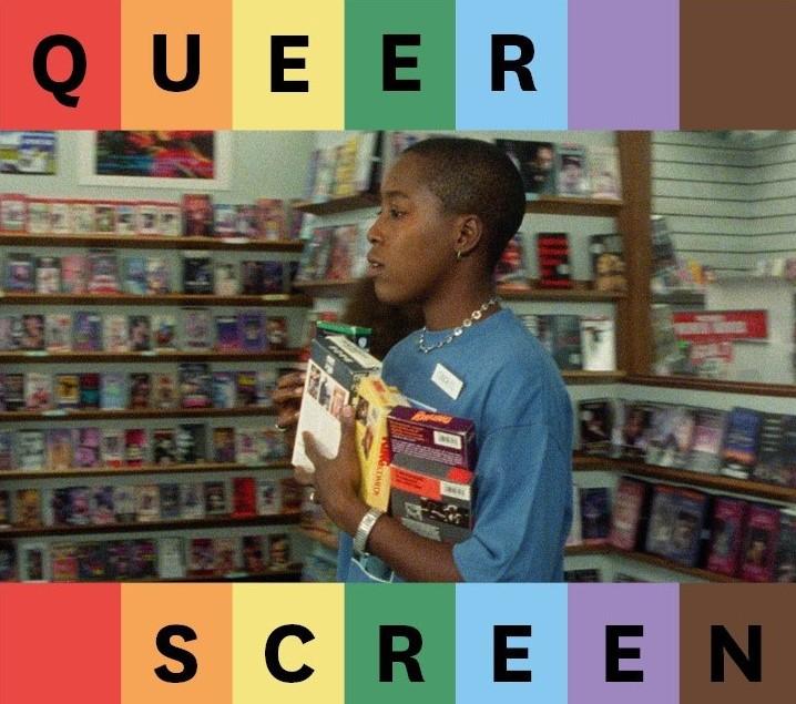 Film still from The Watermelon Woman over a rainbow background and the text "Queer Screen"